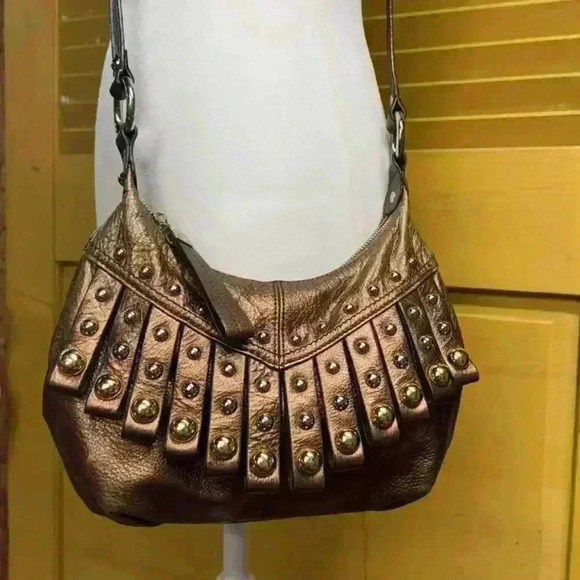 B Macowski Copper Pebble Leather Fringe Studded adjustable Crossbody Boho Bag - Picture 2 of 13